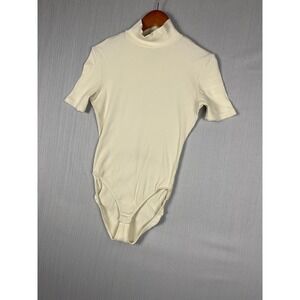 VTG Gap Bodysuit Womens L Cream Ribbed Mock Neck Short Sleeve Minimalist